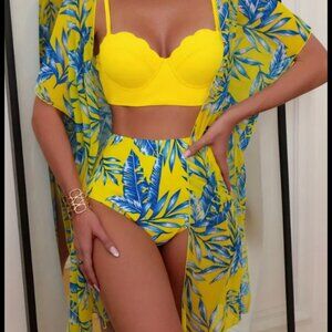 Lemon Yellow Swimsuit 2 piece with a coverup kimono robe